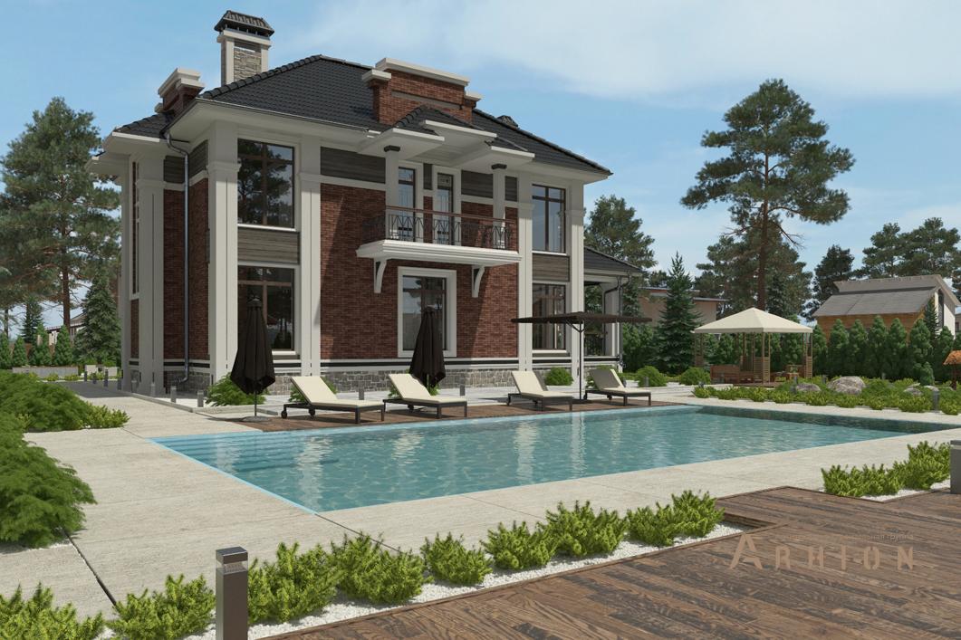 3. Проект двухэтажного дома в современном стиле с многоскатной кровлей, cp-93-82, площадью - 309 кв c цокольным этажом, мансардой, сауной, терассой, балконом, бассейном