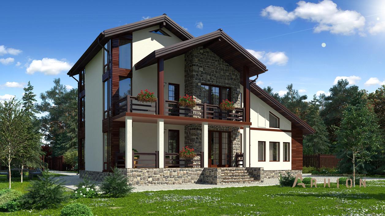 2. Проект трехэтажного дома в финском стиле с двускатной кровлей, cp-94-49, площадью - 372 кв c терассой, балконом, гаражом