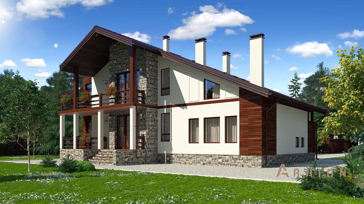 3. Проект трехэтажного дома в финском стиле с двускатной кровлей, cp-94-49, площадью - 372 кв c терассой, балконом, гаражом