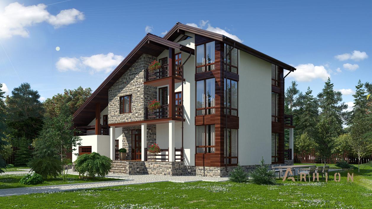 1. Проект трехэтажного дома в финском стиле с двускатной кровлей, cp-94-49, площадью - 372 кв c терассой, балконом, гаражом