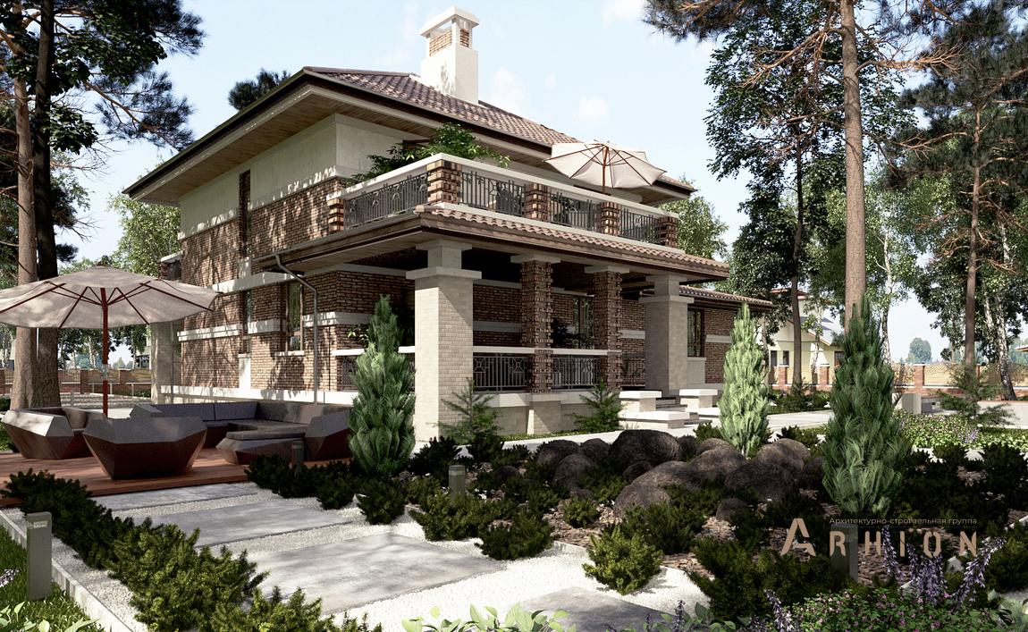 2. Проект двухэтажного дома в стиле Ллойда Райта (прерий) с многоскатной кровлей, cp-95-01, площадью - 231 кв c терассой, балконом, гаражом