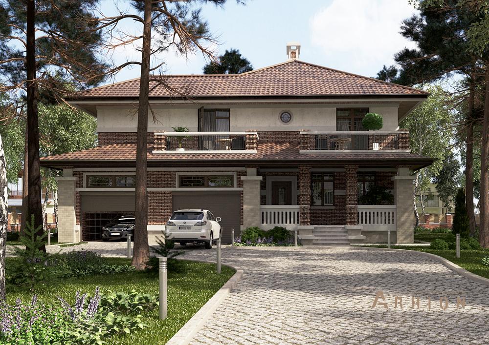 1. Проект двухэтажного дома в стиле Ллойда Райта (прерий) с многоскатной кровлей, cp-95-01, площадью - 231 кв c терассой, балконом, гаражом