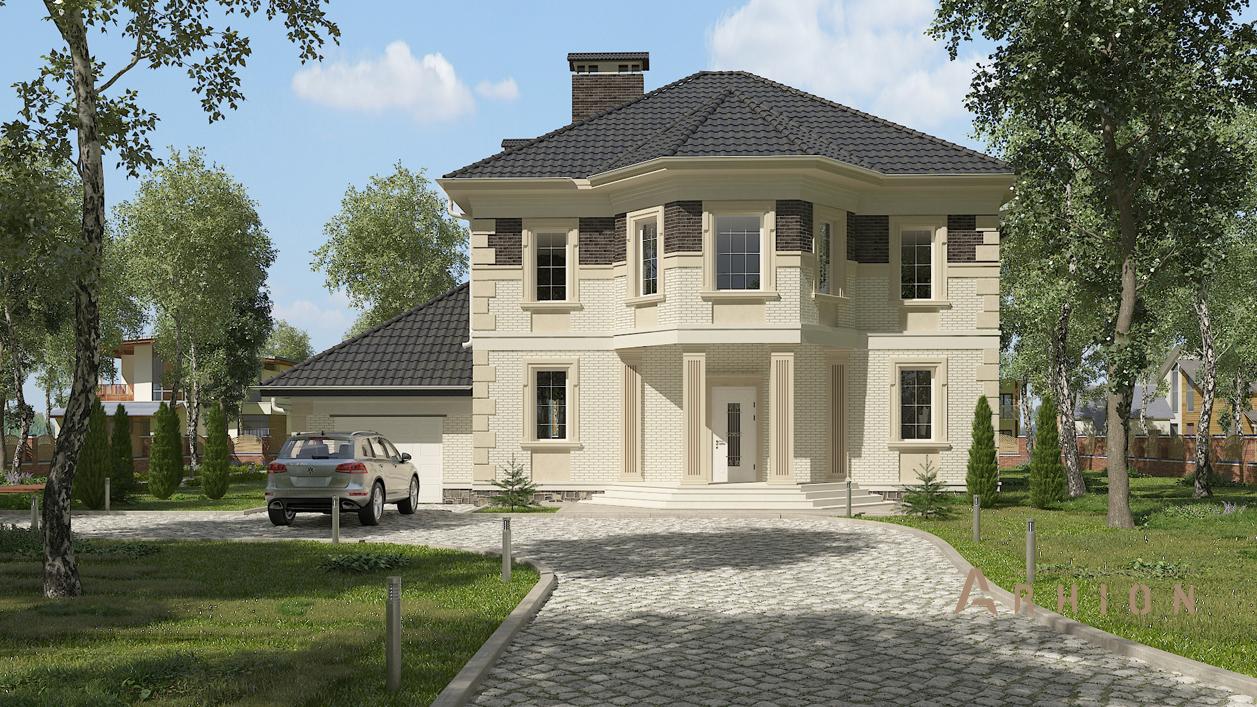 2. Проект двухэтажного дома в классическом стиле с многоскатной кровлей, cp-95-10, площадью - 317 кв c терассой, гаражом, эркером