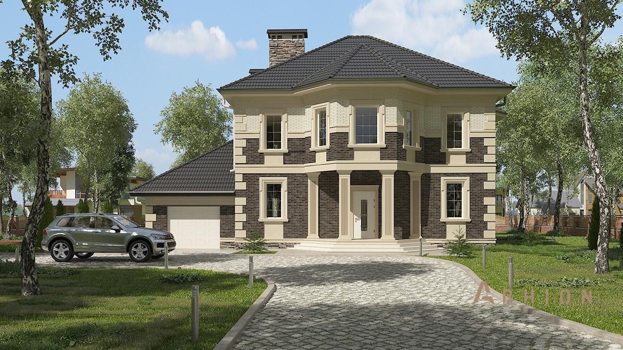 1. Проект двухэтажного дома в классическом стиле с многоскатной кровлей, cp-95-10, площадью - 317 кв c терассой, гаражом, эркером