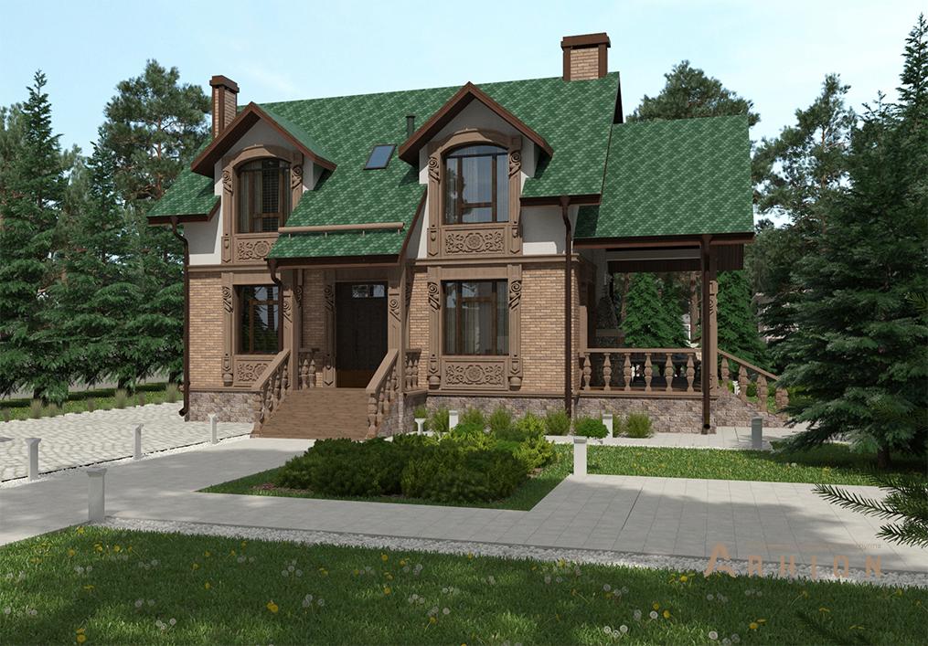 1. Проект одноэтажного дома в европейском стиле с двускатной кровлей, cp-95-32, площадью - 118 кв c мансардой, терассой