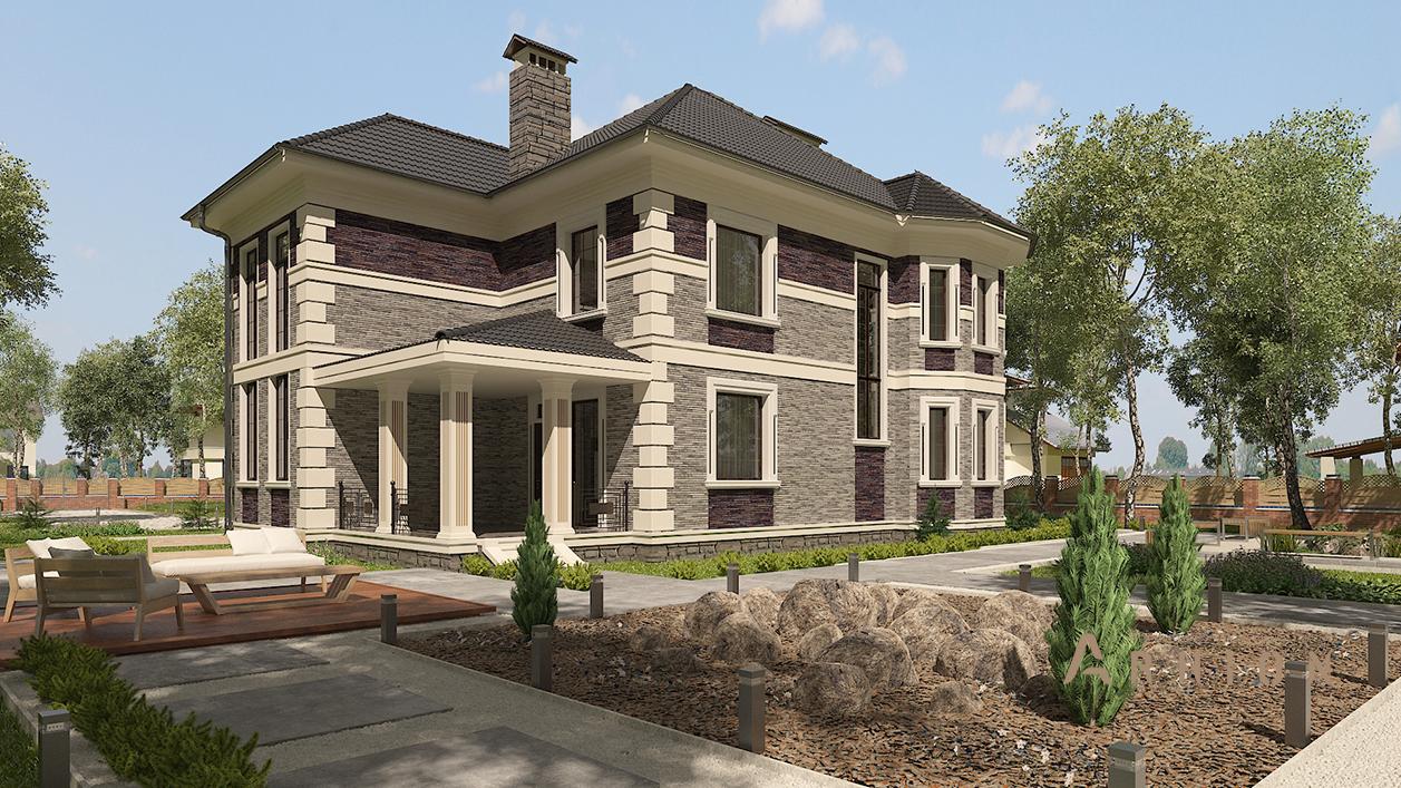 2. Проект двухэтажного дома в современном классическом стиле с многоскатной кровлей, cp-95-50, площадью - 197 кв c терассой, эркером, вторым светом