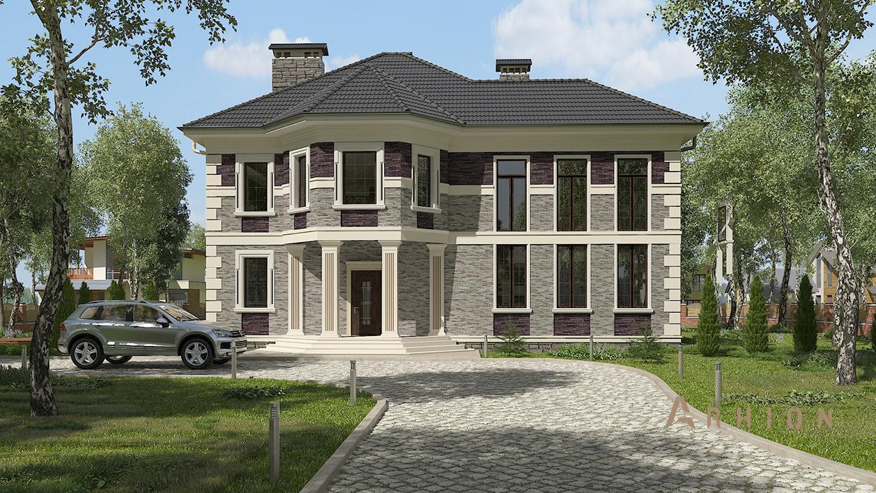 1. Проект двухэтажного дома в современном классическом стиле с многоскатной кровлей, cp-95-50, площадью - 197 кв c терассой, эркером, вторым светом