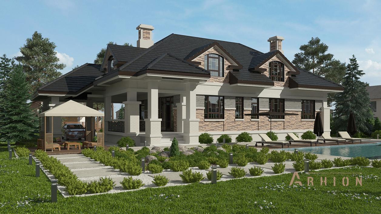 2. Проект одноэтажного дома в альпийском стиле с четырехскатной, cp-95-60, площадью - 320 кв c мансардой, сауной, терассой