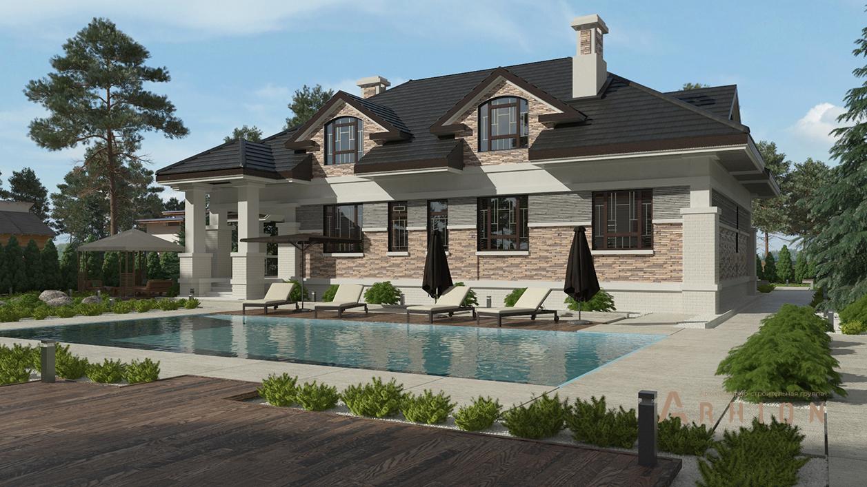 3. Проект одноэтажного дома в альпийском стиле с четырехскатной, cp-95-60, площадью - 320 кв c мансардой, сауной, терассой