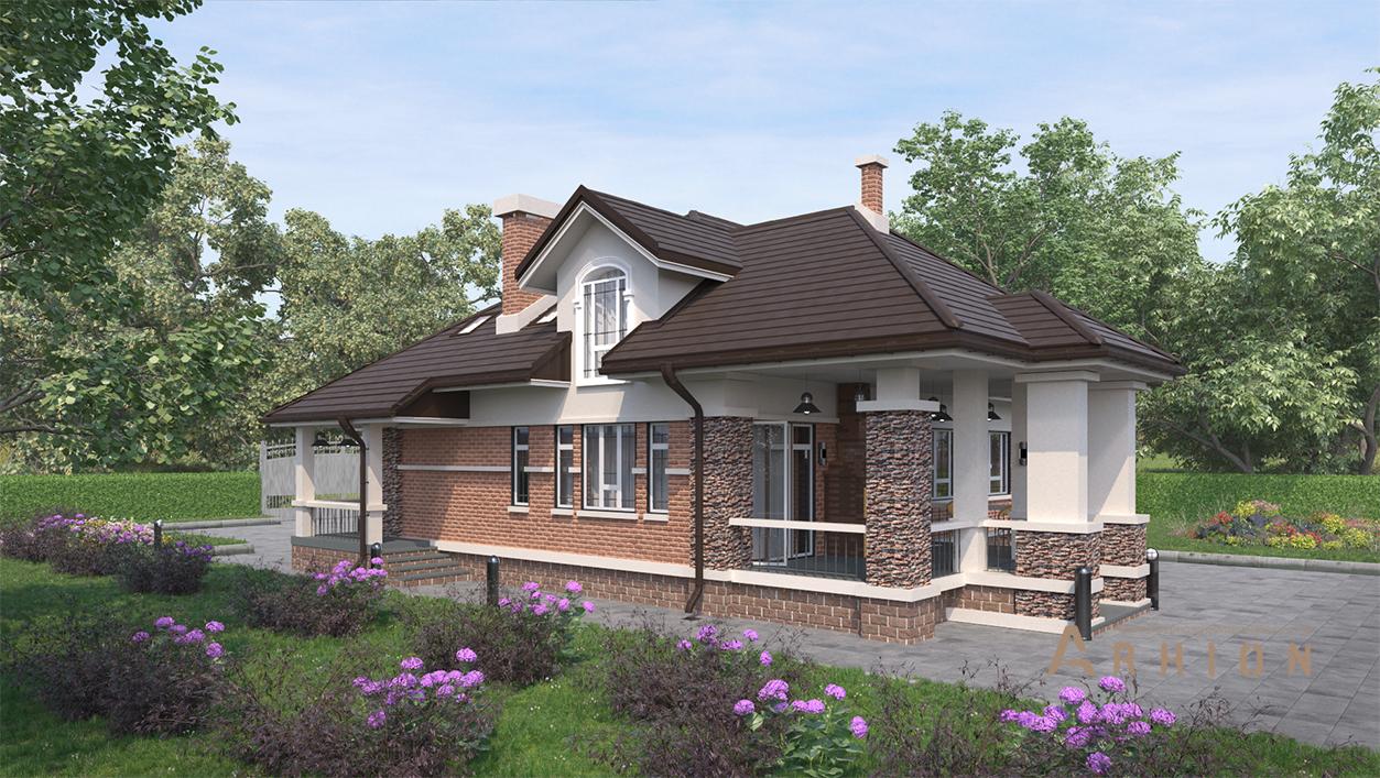 2. Проект одноэтажного дома в альпийском стиле с многоскатной кровлей, cp-95-61, площадью - 400 кв c мансардой, сауной, терассой