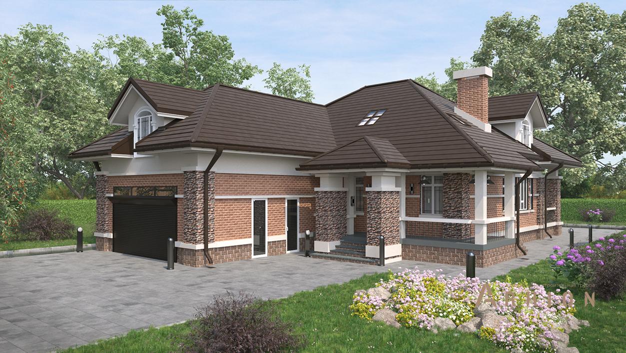 1. Проект одноэтажного дома в альпийском стиле с многоскатной кровлей, cp-95-61, площадью - 400 кв c мансардой, сауной, терассой