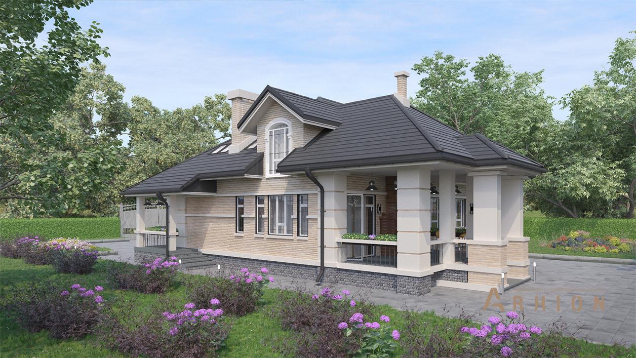 2. Проект одноэтажного дома в классическом стиле с многоскатной кровлей, cp-95-62, площадью - 290 кв c мансардой, сауной, терассой