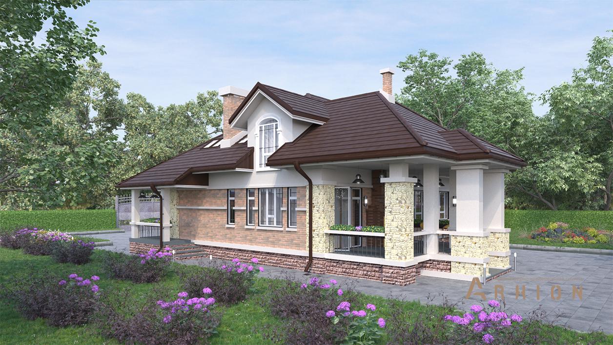 2. Проект одноэтажного дома в альпийском стиле с многоскатной кровлей, cp-95-63, площадью - 313 кв c мансардой, сауной, терассой