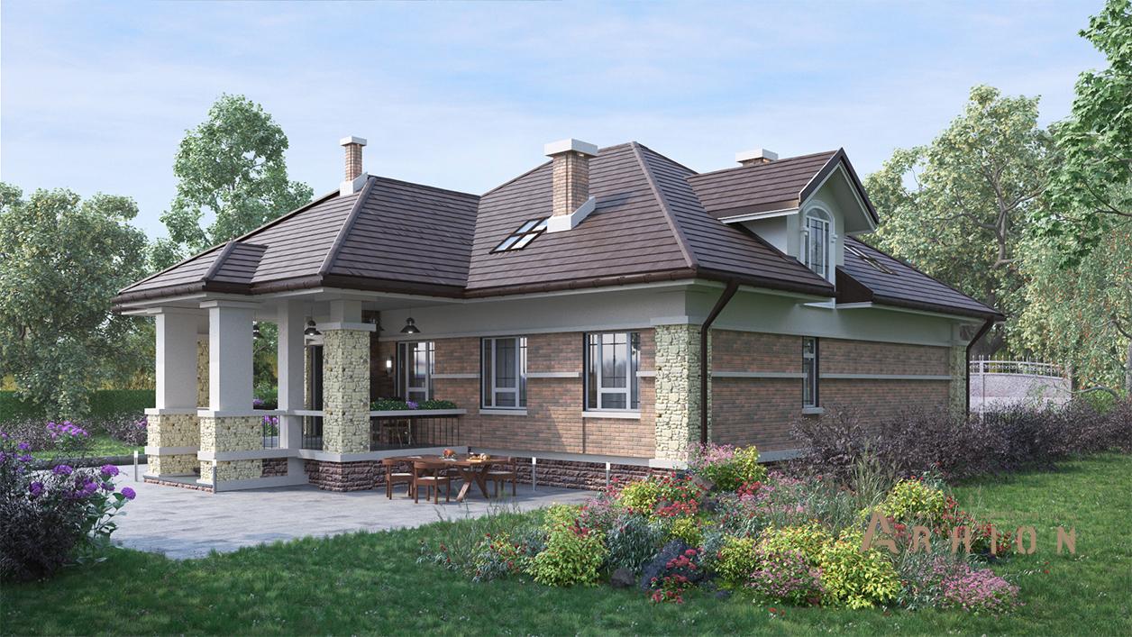 3. Проект одноэтажного дома в альпийском стиле с многоскатной кровлей, cp-95-63, площадью - 313 кв c мансардой, сауной, терассой