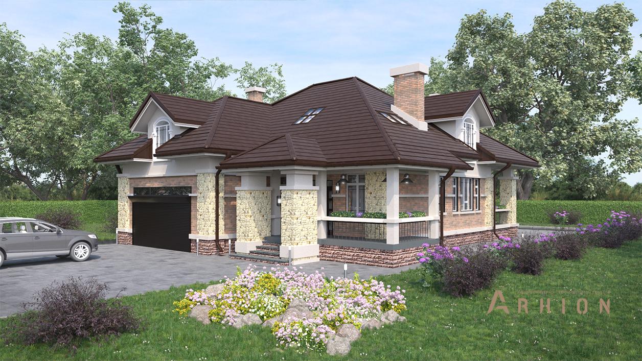 1. Проект одноэтажного дома в альпийском стиле с многоскатной кровлей, cp-95-63, площадью - 313 кв c мансардой, сауной, терассой