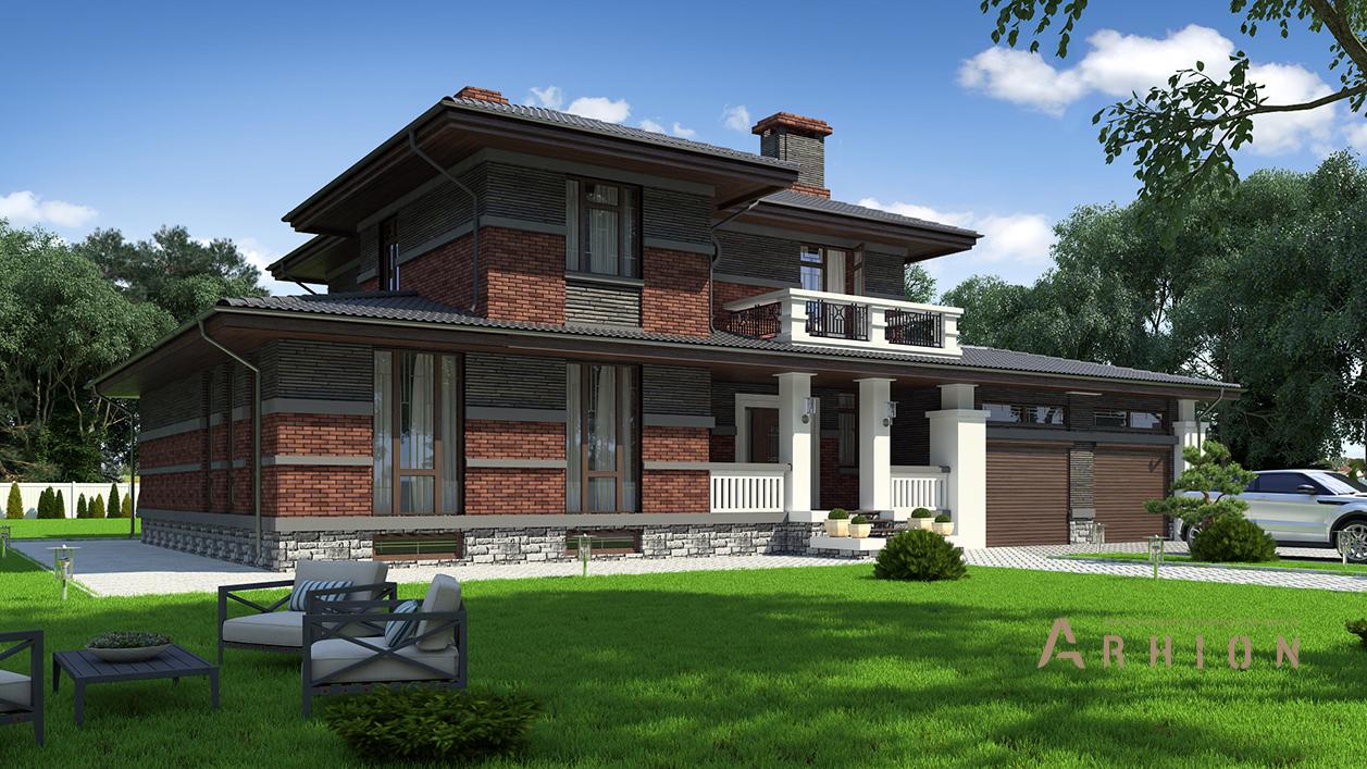 2. Проект двухэтажного дома в стиле Ллойда Райта (прерий) с многоскатной кровлей, cp-95-95, площадью - 475 кв c цокольным этажом, сауной, терассой, балконом