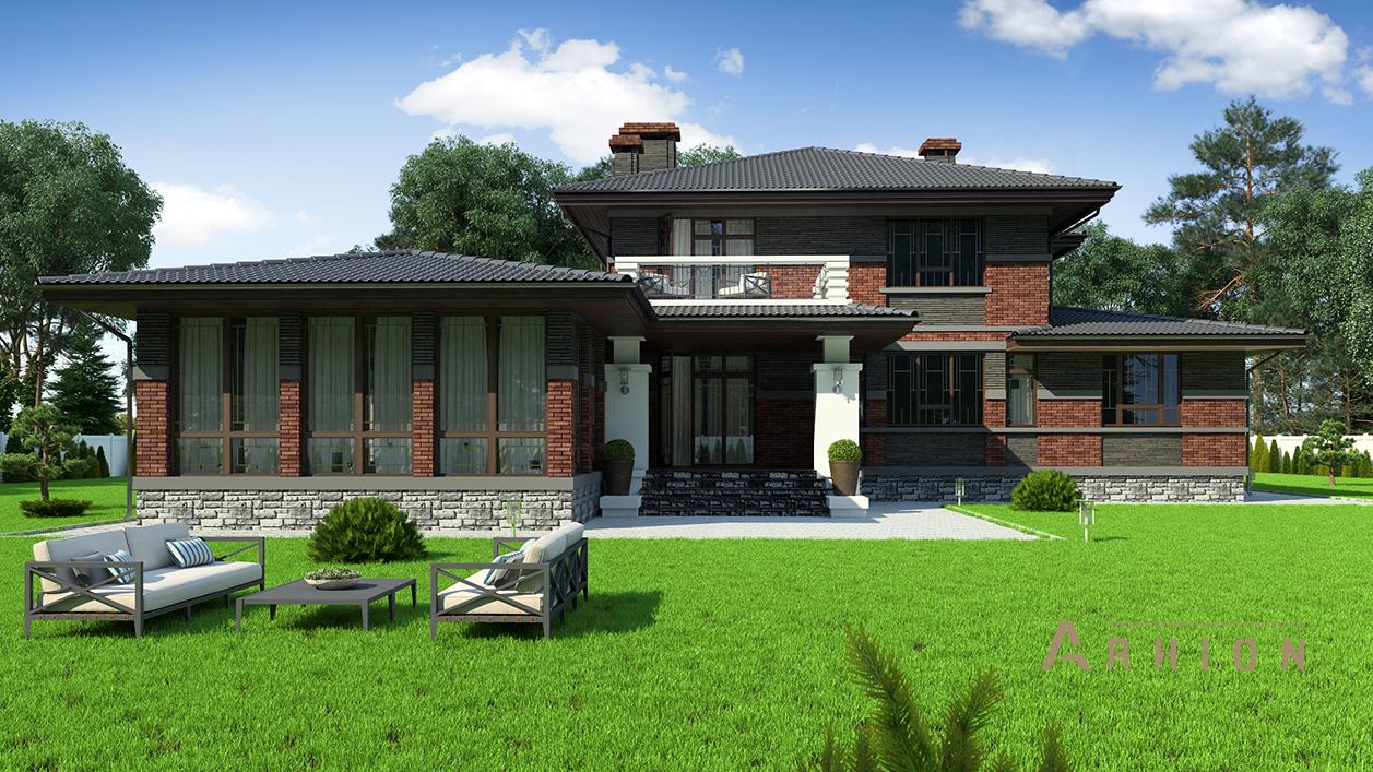 3. Проект двухэтажного дома в стиле Ллойда Райта (прерий) с многоскатной кровлей, cp-95-95, площадью - 475 кв c цокольным этажом, сауной, терассой, балконом