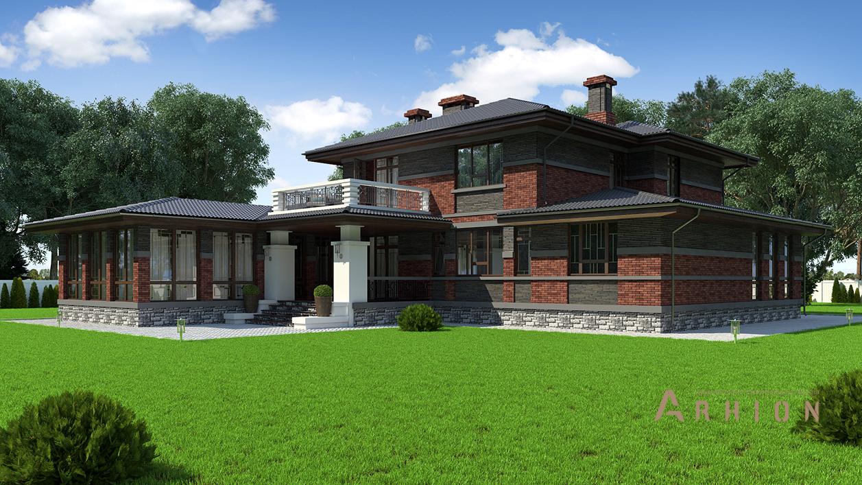 4. Проект двухэтажного дома в стиле Ллойда Райта (прерий) с многоскатной кровлей, cp-95-95, площадью - 475 кв c цокольным этажом, сауной, терассой, балконом