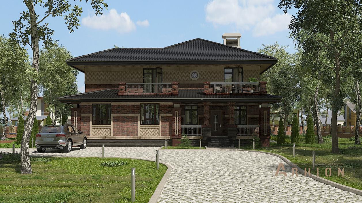 2. Проект двухэтажного дома в стиле Ллойда Райта (прерий) с многоскатной кровлей, cp-96-00, площадью - 410 кв c цокольным этажом, сауной, терассой, балконом