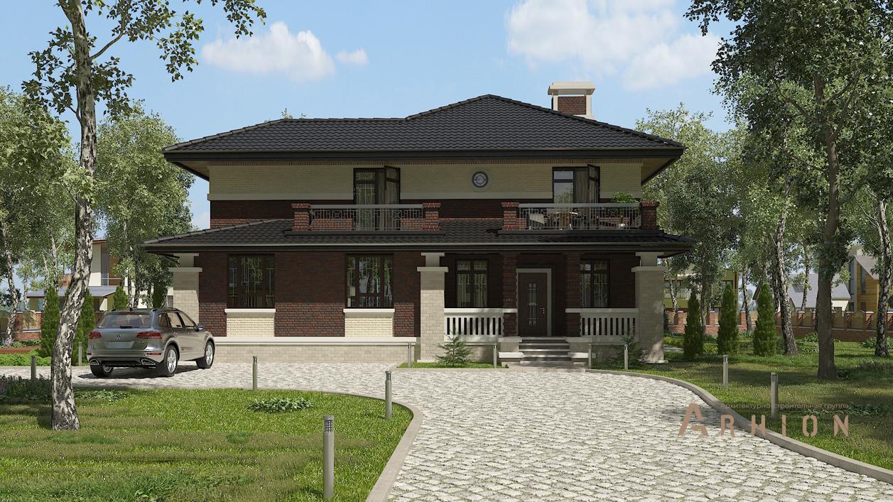 1. Проект двухэтажного дома в стиле Ллойда Райта (прерий) с многоскатной кровлей, cp-96-00, площадью - 410 кв c цокольным этажом, сауной, терассой, балконом