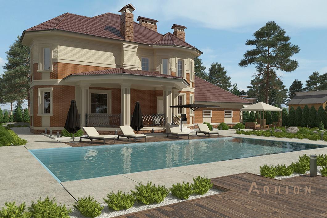 2. Проект двухэтажного дома в классическом стиле с многоскатной кровлей, cp-96-11, площадью - 411 кв c цокольным этажом, сауной, терассой, эркером