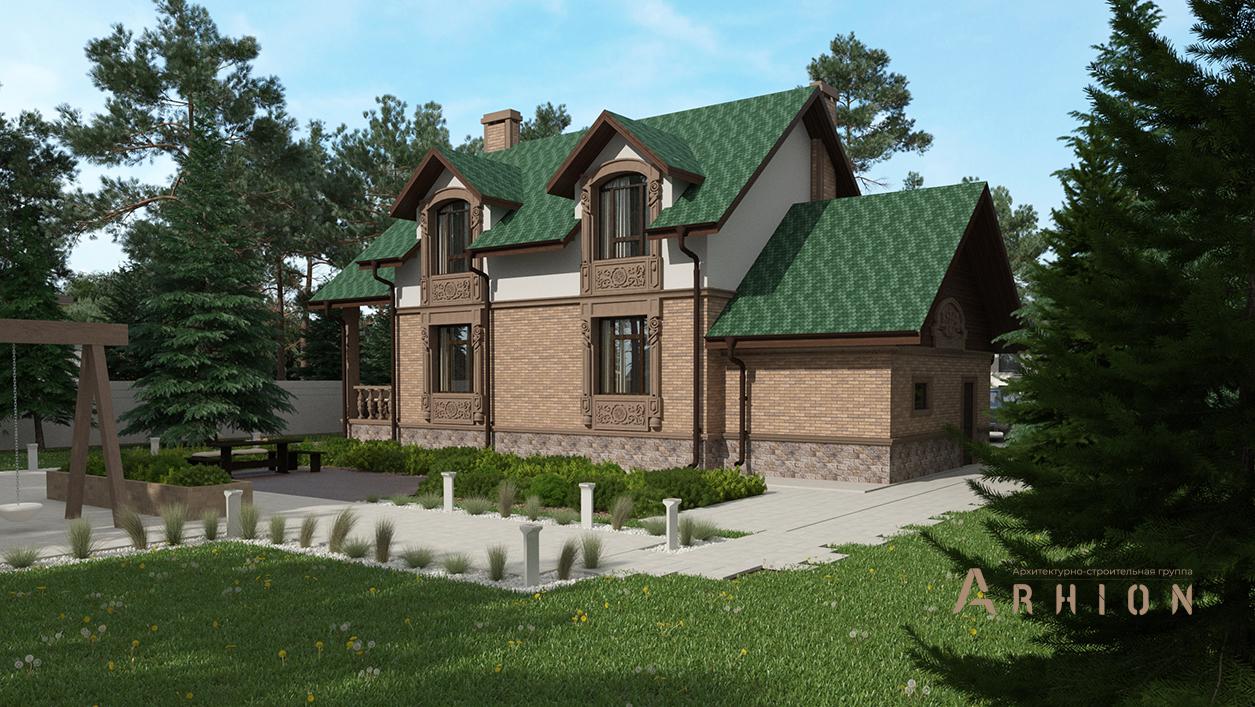 3. Проект одноэтажного дома в английском стиле с двускатной кровлей, cp-96-44, площадью - 236 кв c цокольным этажом, мансардой, сауной, терассой, гаражом