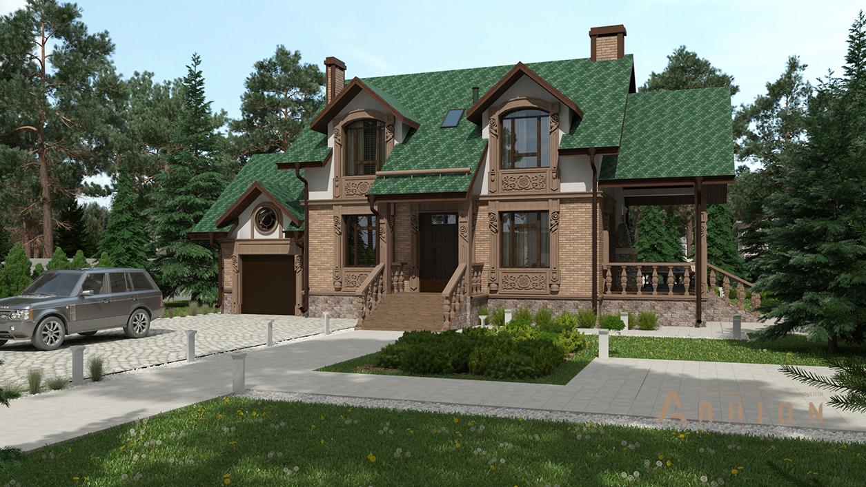 1. Проект одноэтажного дома в английском стиле с двускатной кровлей, cp-96-44, площадью - 236 кв c цокольным этажом, мансардой, сауной, терассой, гаражом