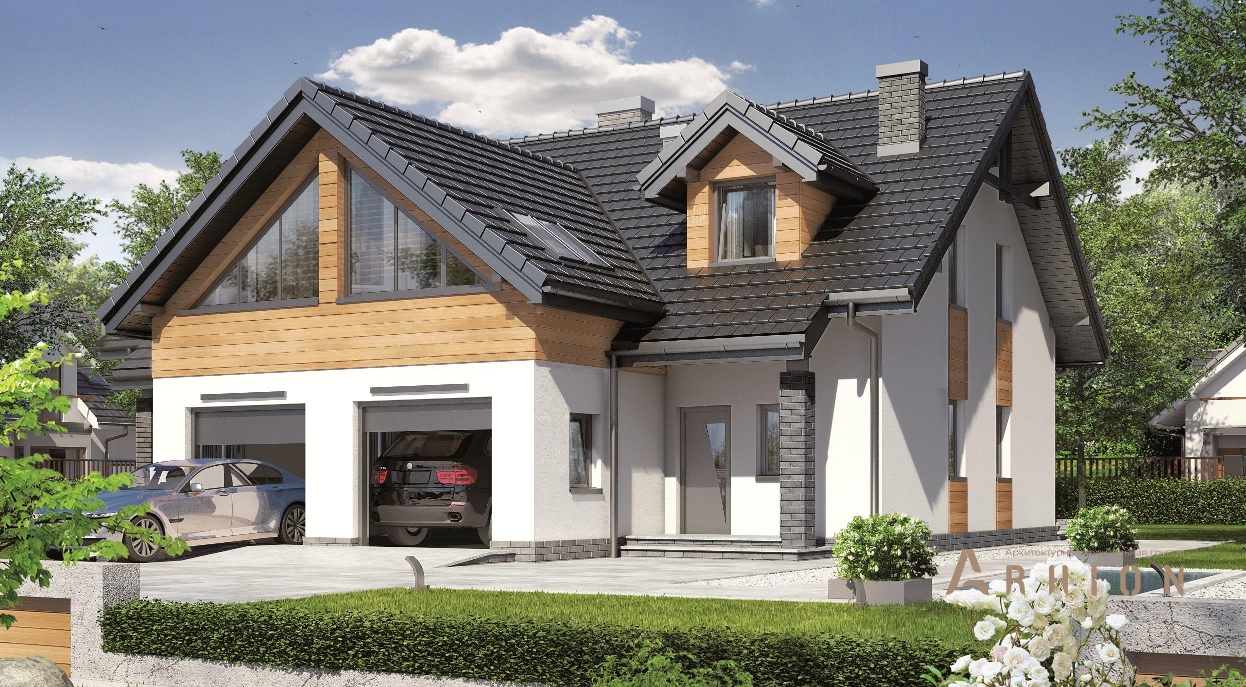 1. Проект одноэтажного дома в современном стиле с двускатной кровлей, DP-11, площадью - 282 кв c мансардой, гаражом