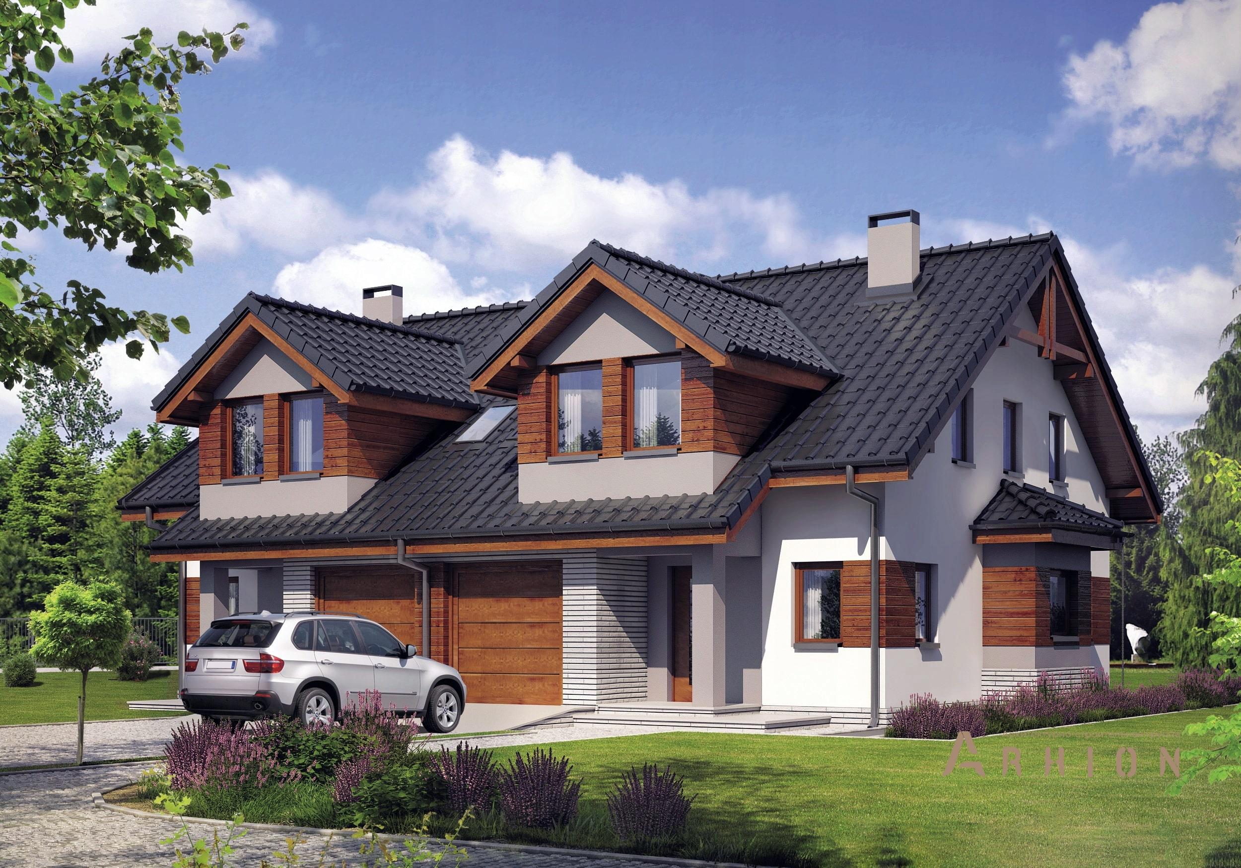 2. Проект одноэтажного дома в альпийском стиле с двускатной кровлей, DP-12, площадью - 267 кв c мансардой, балконом, гаражом