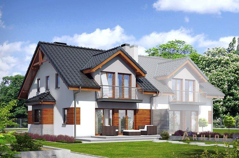 3. Проект одноэтажного дома в альпийском стиле с двускатной кровлей, DP-12, площадью - 267 кв c мансардой, балконом, гаражом