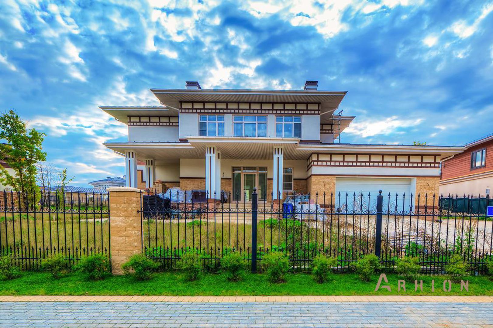 1. Проект двухэтажного дома в стиле Ллойда Райта (прерий) с четырехскатной, gk-07, площадью - 403 кв c сауной, терассой, гаражом, эркером