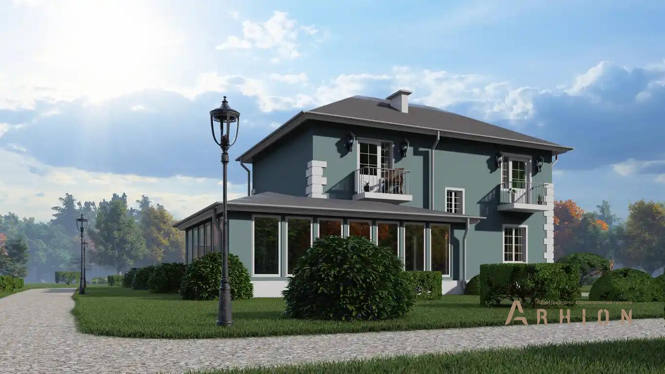 1. Проект двухэтажного дома в европейском стиле с четырехскатной, H-002, площадью - 150 кв c балконом