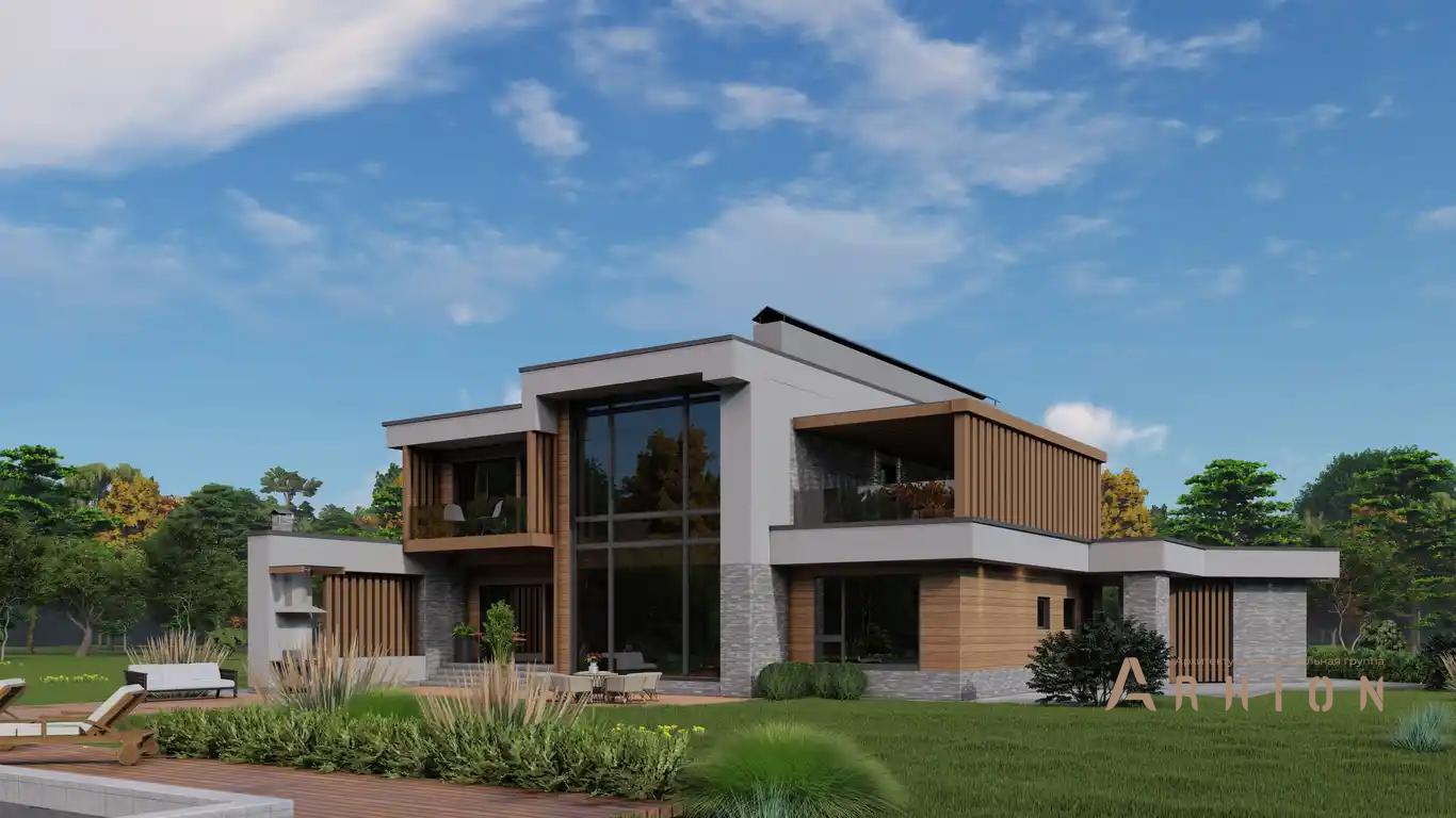 1. Проект двухэтажного дома в стиле хай-тек с плоской кровлей , H-003, площадью - 290 кв c терассой, балконом, гаражом