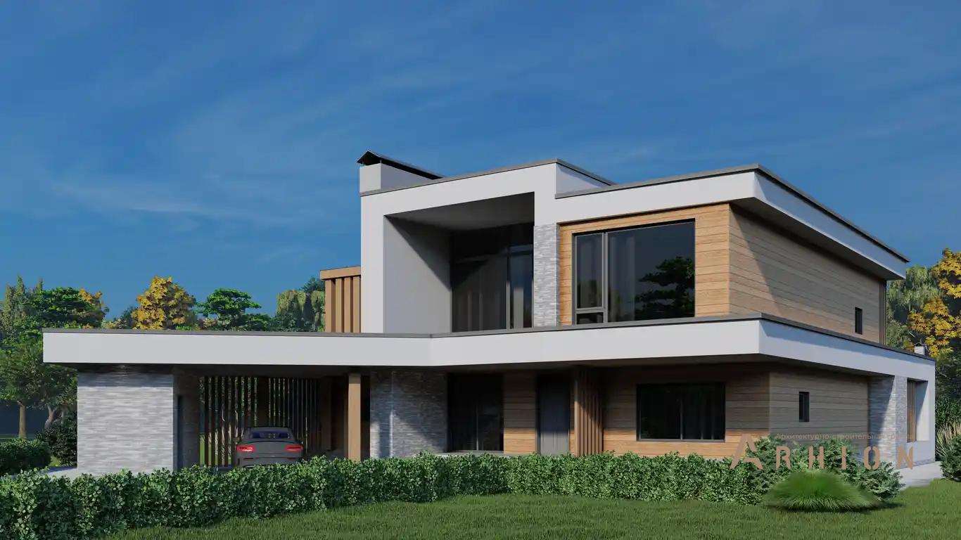 4. Проект двухэтажного дома в стиле хай-тек с плоской кровлей , H-003, площадью - 290 кв c терассой, балконом, гаражом