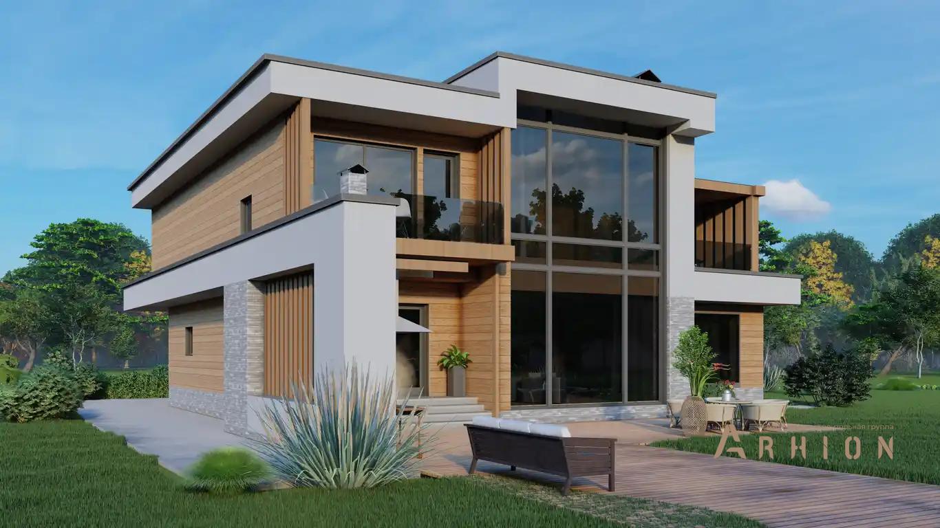 2. Проект двухэтажного дома в стиле хай-тек с плоской кровлей , H-003, площадью - 290 кв c терассой, балконом, гаражом