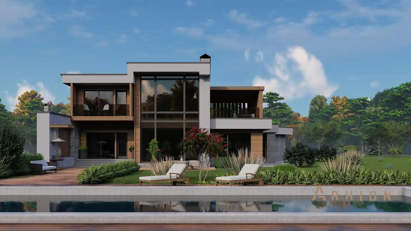 3. Проект двухэтажного дома в стиле хай-тек с плоской кровлей , H-003, площадью - 290 кв c терассой, балконом, гаражом