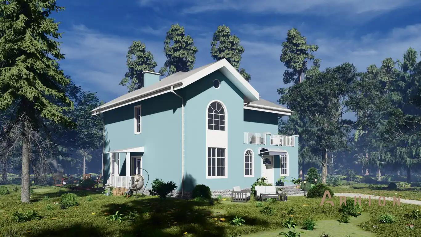 1. Проект двухэтажного дома в классическом стиле с многоскатной кровлей, H-004, площадью - 223 кв c балконом, эркером