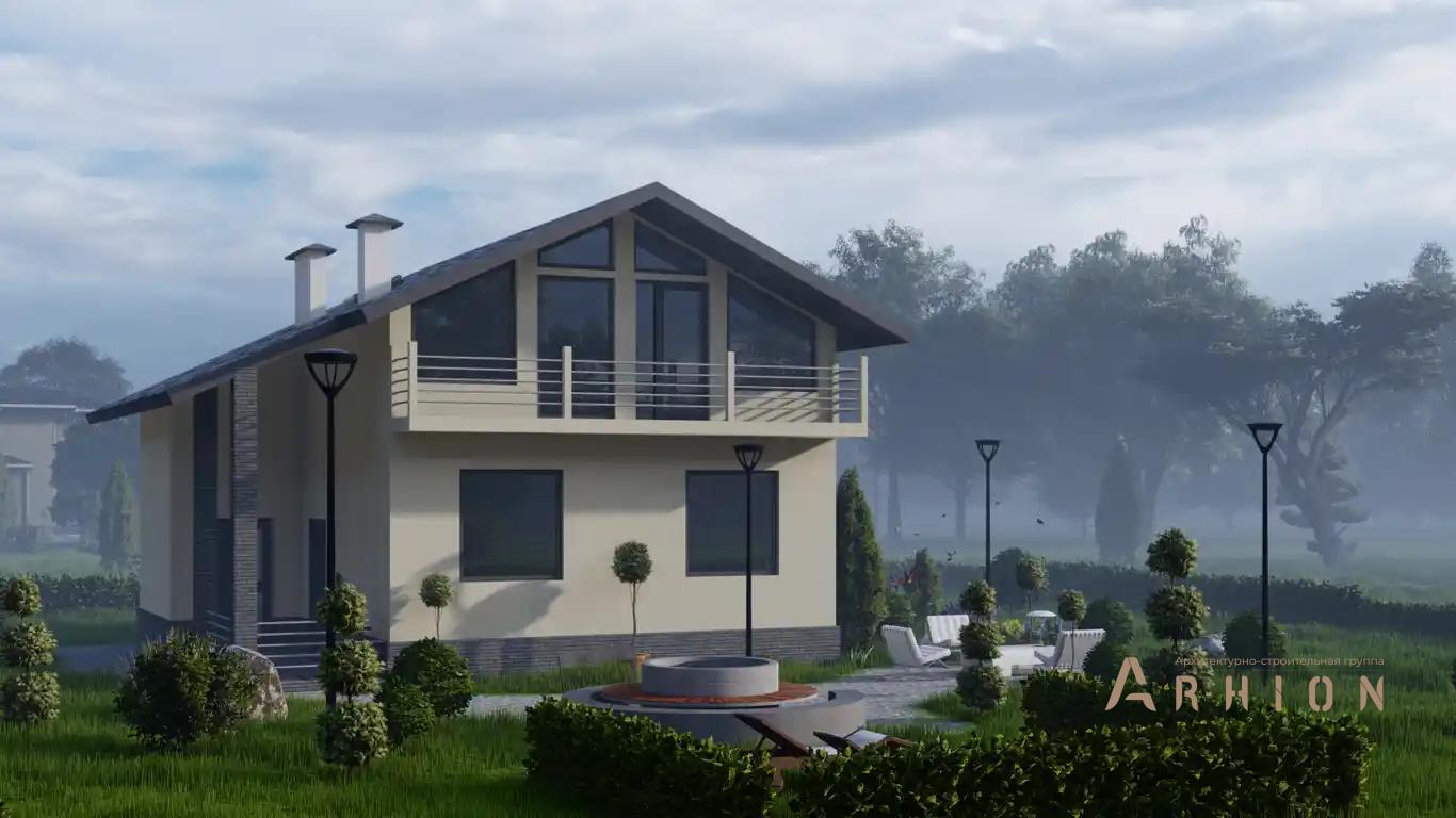 1. Проект одноэтажного дома в европейском стиле с двускатной кровлей, H-005, площадью - 159 кв c мансардой, терассой, балконом