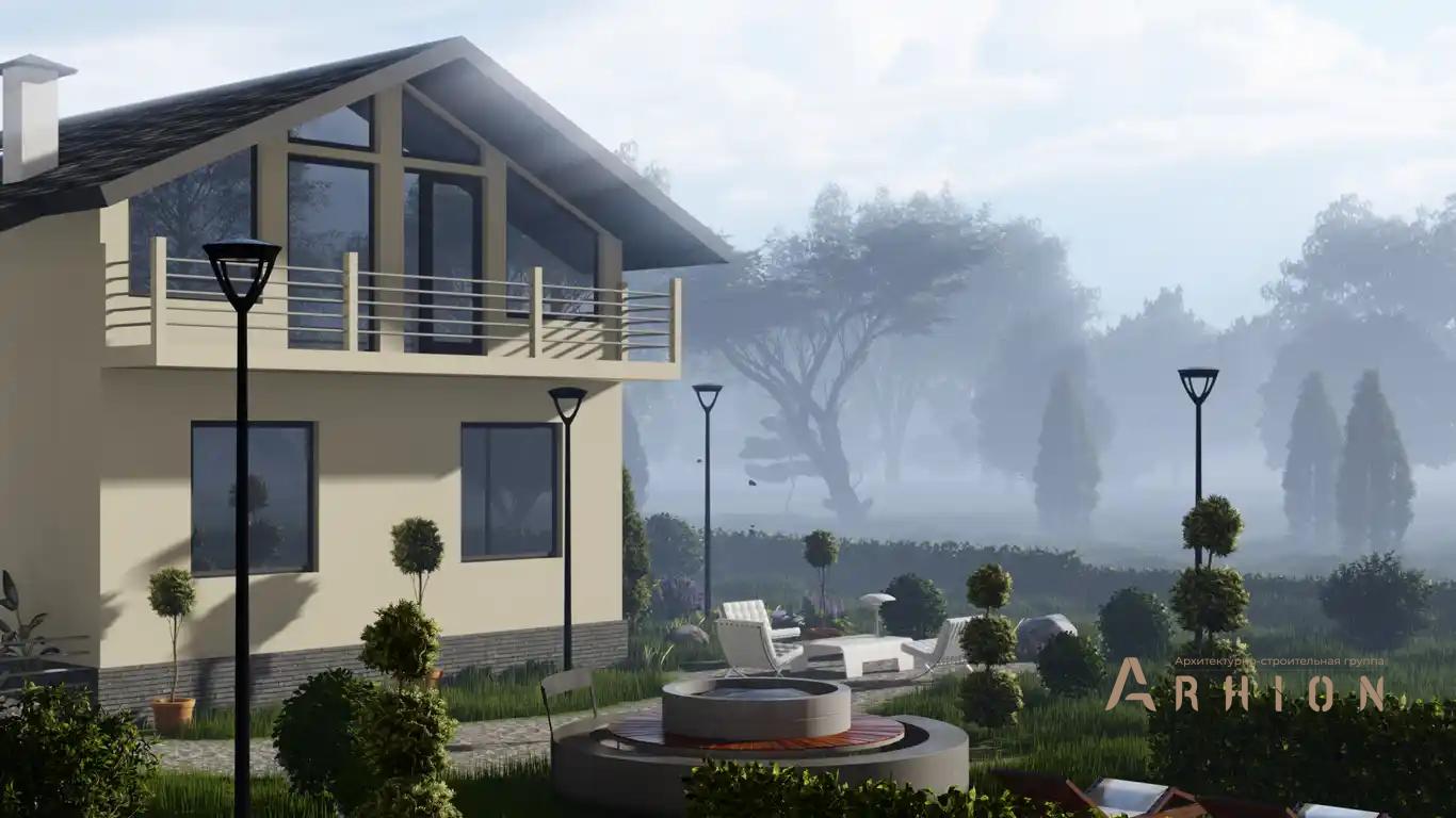 4. Проект одноэтажного дома в европейском стиле с двускатной кровлей, H-005, площадью - 159 кв c мансардой, терассой, балконом