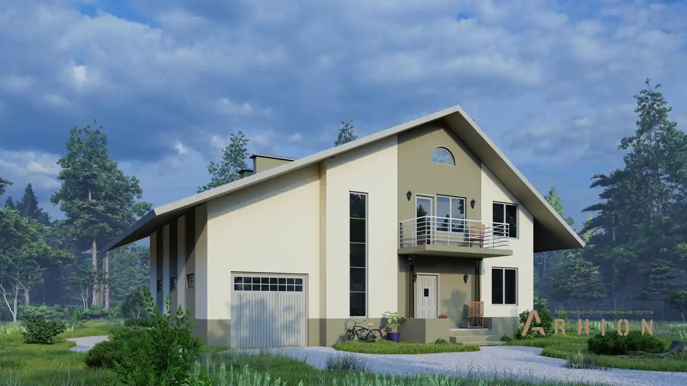 1. Проект одноэтажного дома в европейском стиле с двускатной кровлей, H-011, площадью - 279 кв c мансардой, терассой, балконом, гаражом