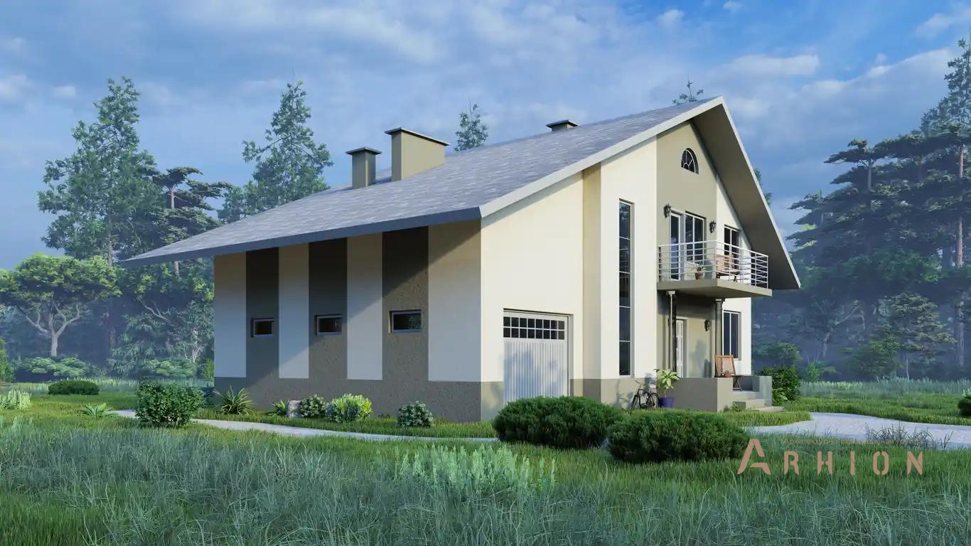 11. Проект одноэтажного дома в европейском стиле с двускатной кровлей, H-011, площадью - 279 кв c мансардой, терассой, балконом, гаражом