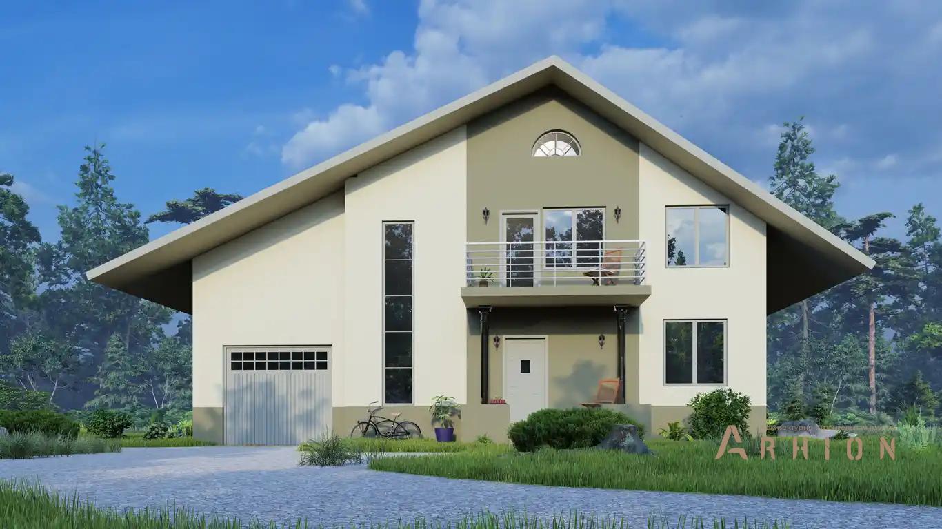 13. Проект одноэтажного дома в европейском стиле с двускатной кровлей, H-011, площадью - 279 кв c мансардой, терассой, балконом, гаражом