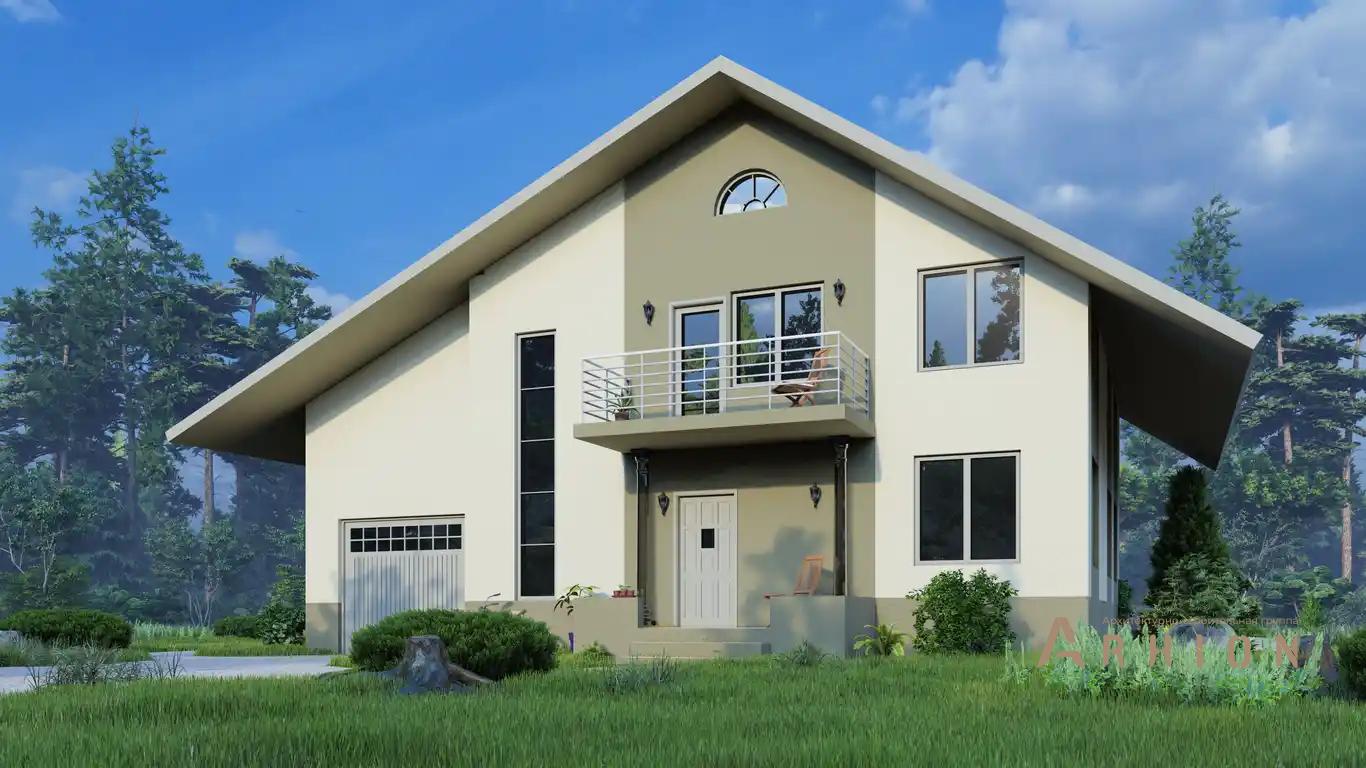 19. Проект одноэтажного дома в европейском стиле с двускатной кровлей, H-011, площадью - 279 кв c мансардой, терассой, балконом, гаражом