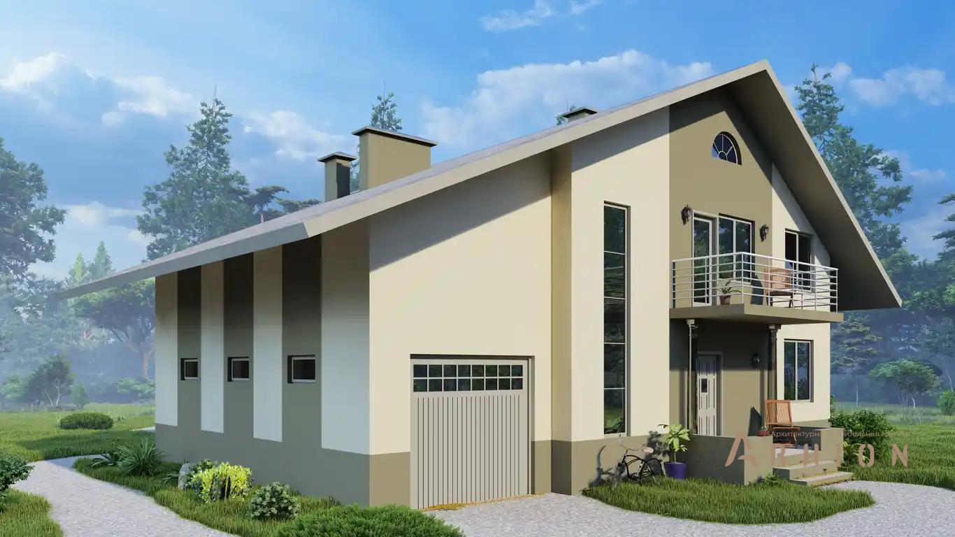 16. Проект одноэтажного дома в европейском стиле с двускатной кровлей, H-011, площадью - 279 кв c мансардой, терассой, балконом, гаражом