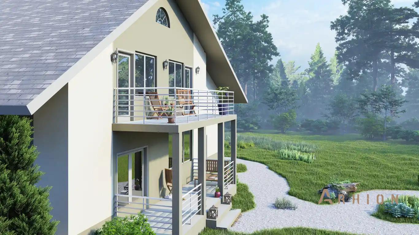 17. Проект одноэтажного дома в европейском стиле с двускатной кровлей, H-011, площадью - 279 кв c мансардой, терассой, балконом, гаражом