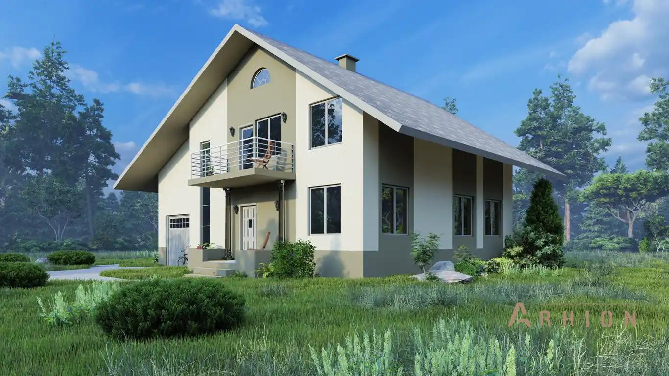 7. Проект одноэтажного дома в европейском стиле с двускатной кровлей, H-011, площадью - 279 кв c мансардой, терассой, балконом, гаражом