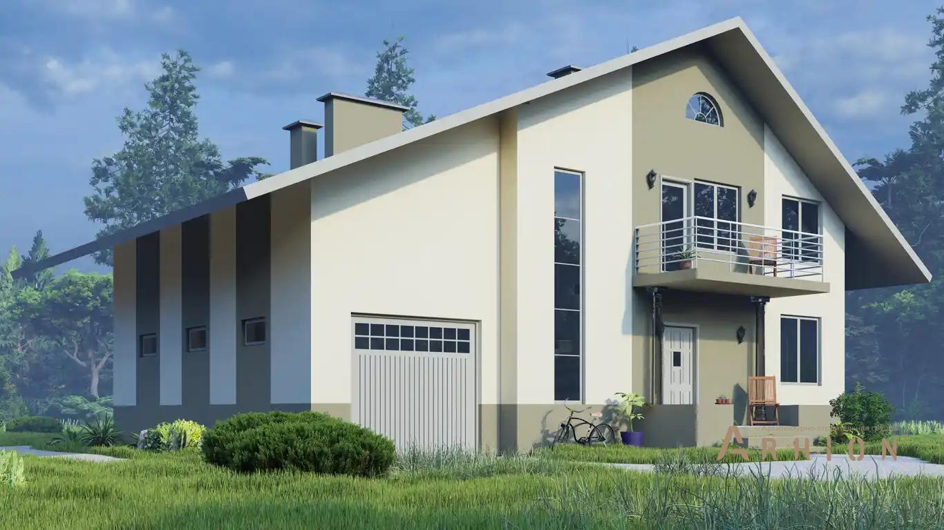 22. Проект одноэтажного дома в европейском стиле с двускатной кровлей, H-011, площадью - 279 кв c мансардой, терассой, балконом, гаражом