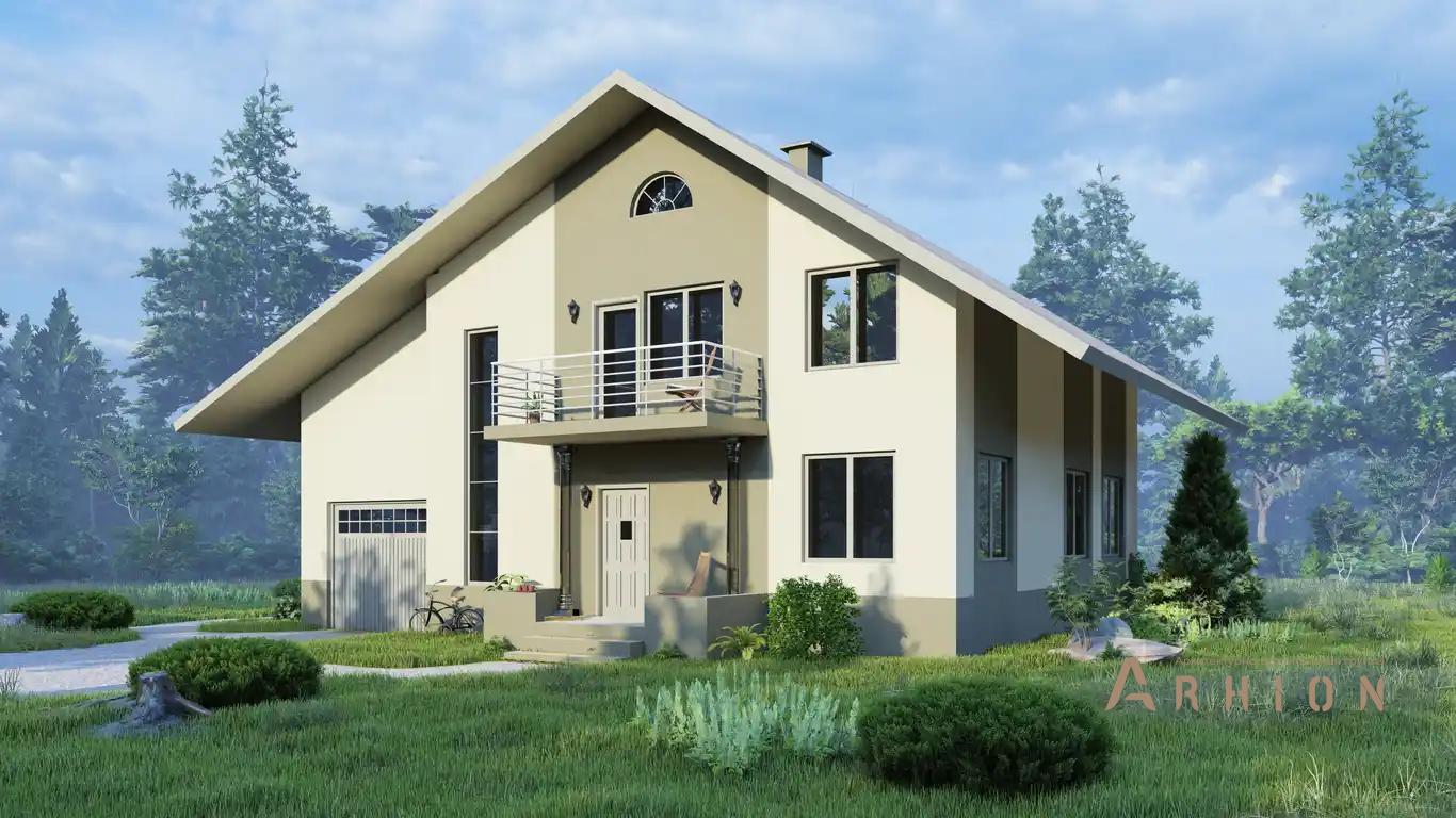 21. Проект одноэтажного дома в европейском стиле с двускатной кровлей, H-011, площадью - 279 кв c мансардой, терассой, балконом, гаражом