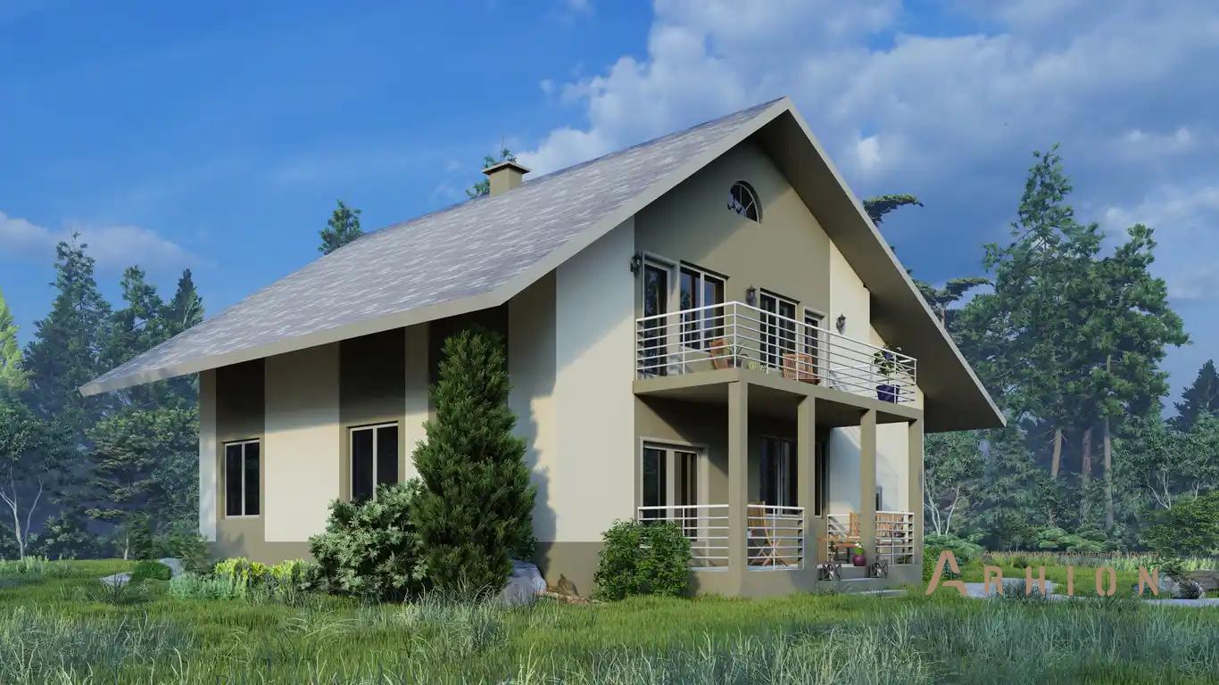 28. Проект одноэтажного дома в европейском стиле с двускатной кровлей, H-011, площадью - 279 кв c мансардой, терассой, балконом, гаражом