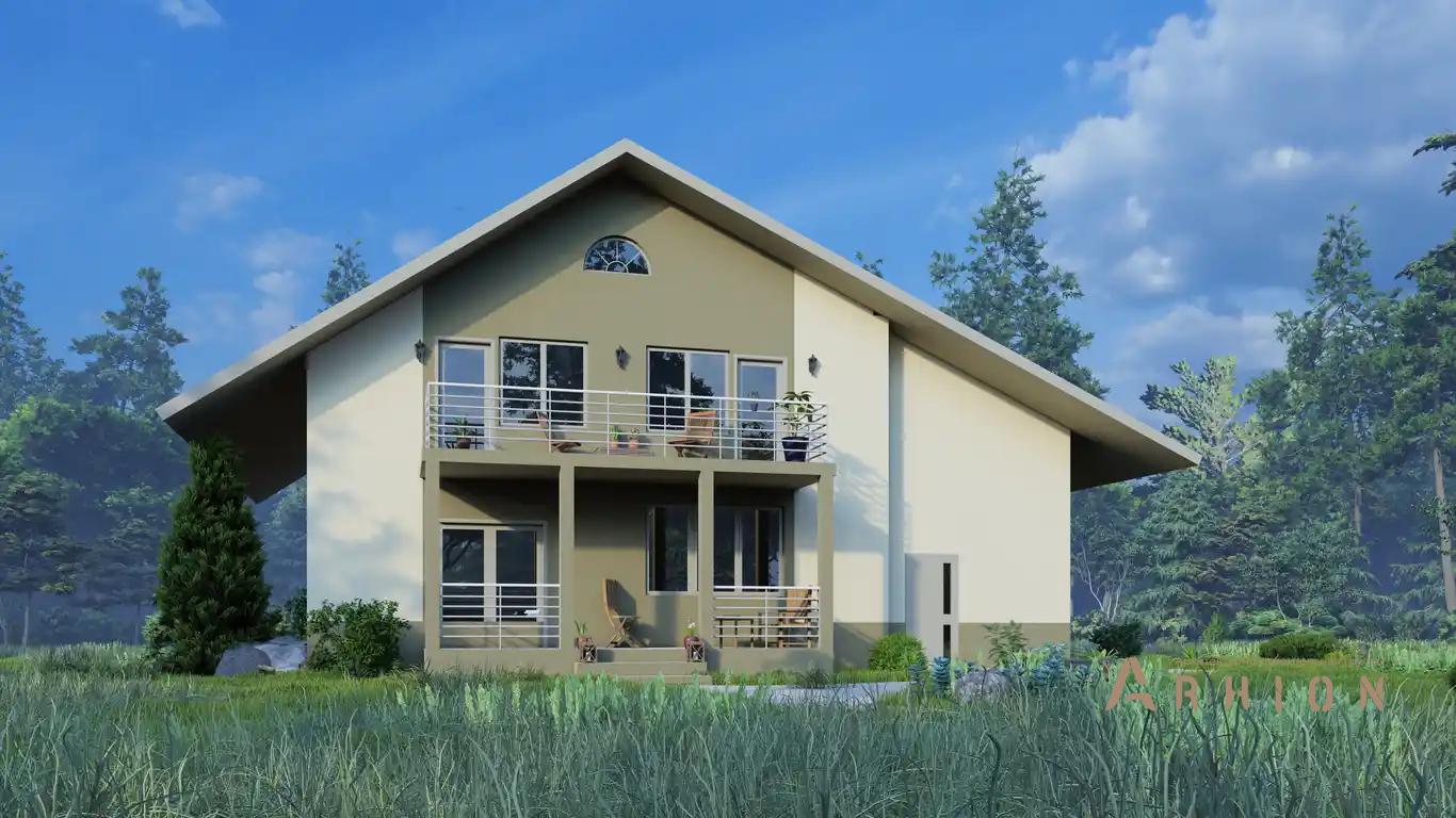 24. Проект одноэтажного дома в европейском стиле с двускатной кровлей, H-011, площадью - 279 кв c мансардой, терассой, балконом, гаражом